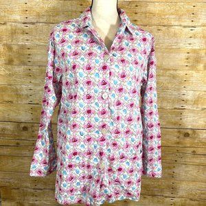 Nick Nora Womens M Cotton Pajama Top Sleep Shirt Floral Hearts Love Pink Blue
